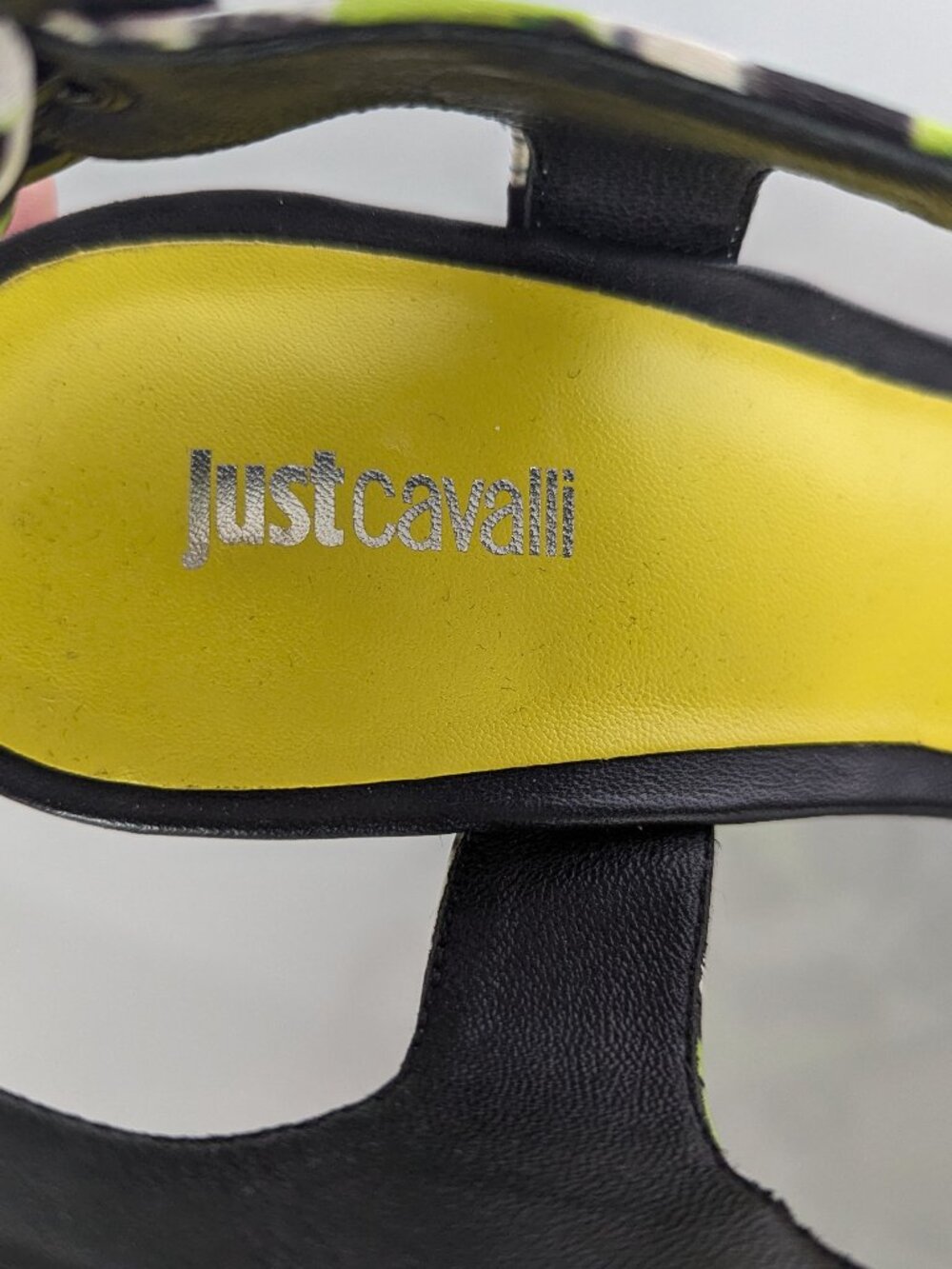 Just Cavalli Y2K Neon Black White Animal Print Open Toe Wedge Heels Size 38 - Picture 4 of 11